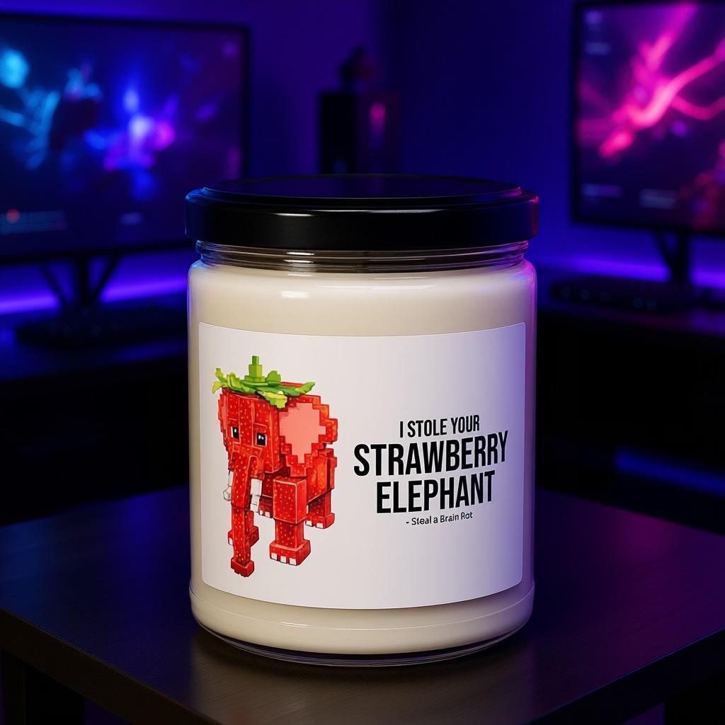 Strawberry Elephant Candle, Steal a Brainrot Meme Candle, Funny Roblox Gamer Gift, Brainrot Room Decor, 12 oz Scented Candle