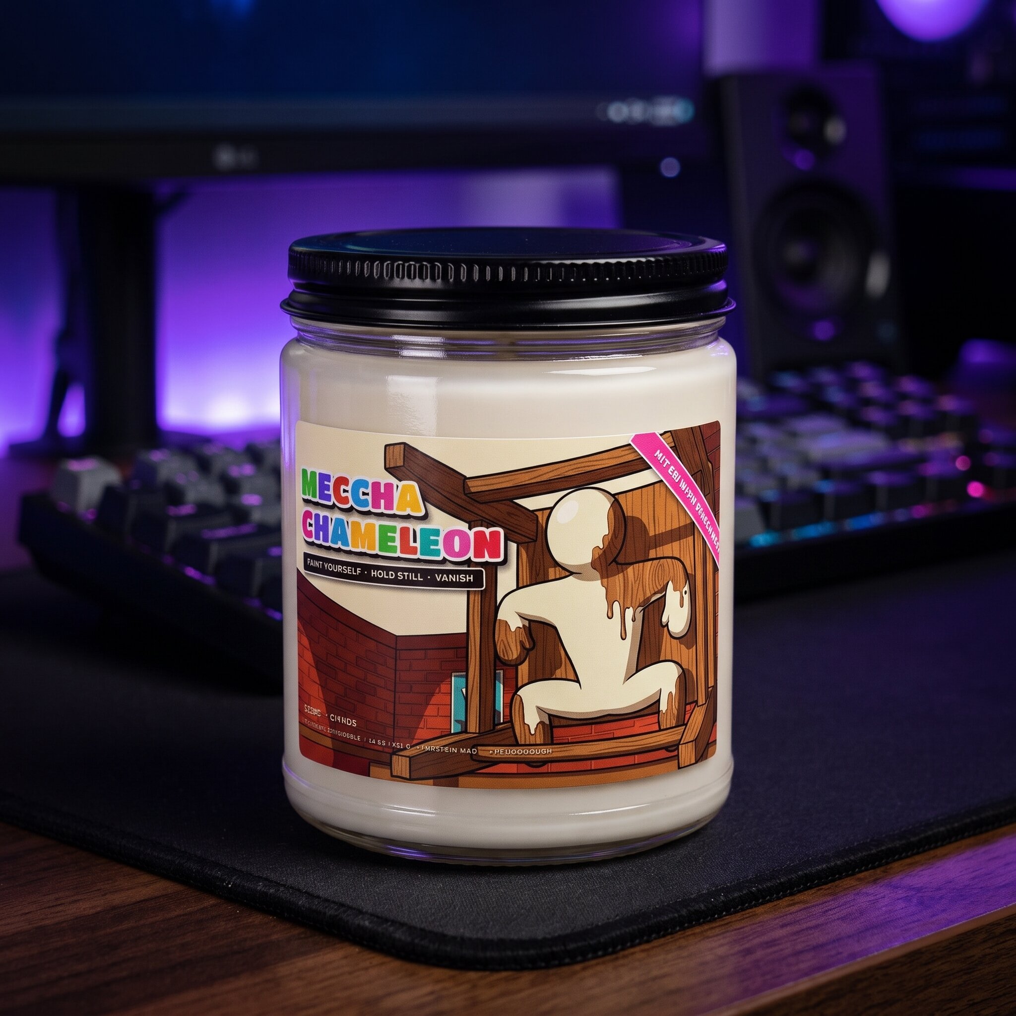 Meccha Chameleon meme candle, 12 oz white paraffin candle in a glass jar with a cartoon hide and seek label