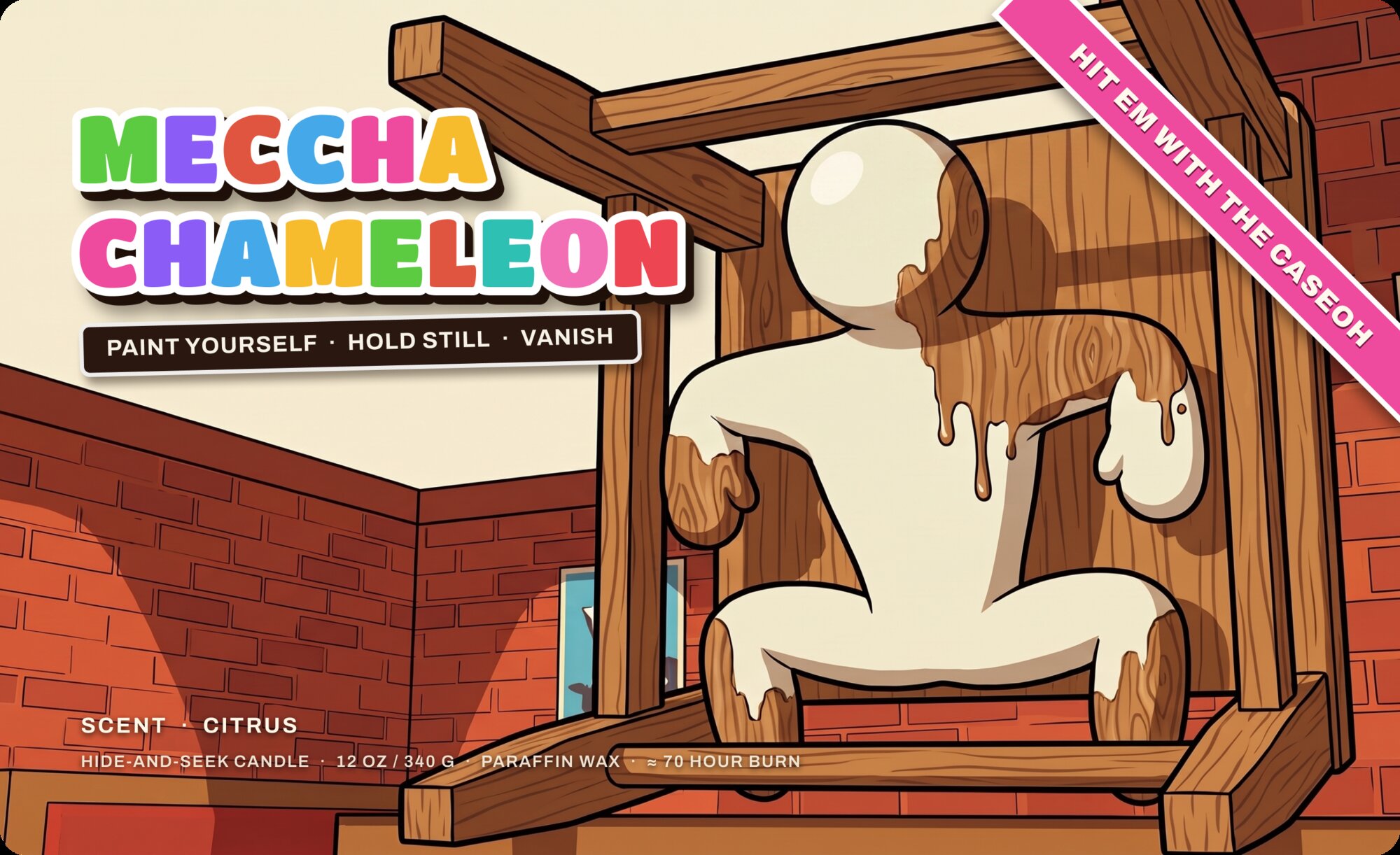Full Meccha Chameleon candle label artwork, a white character crouched inside a wooden chair painting itself wood grain