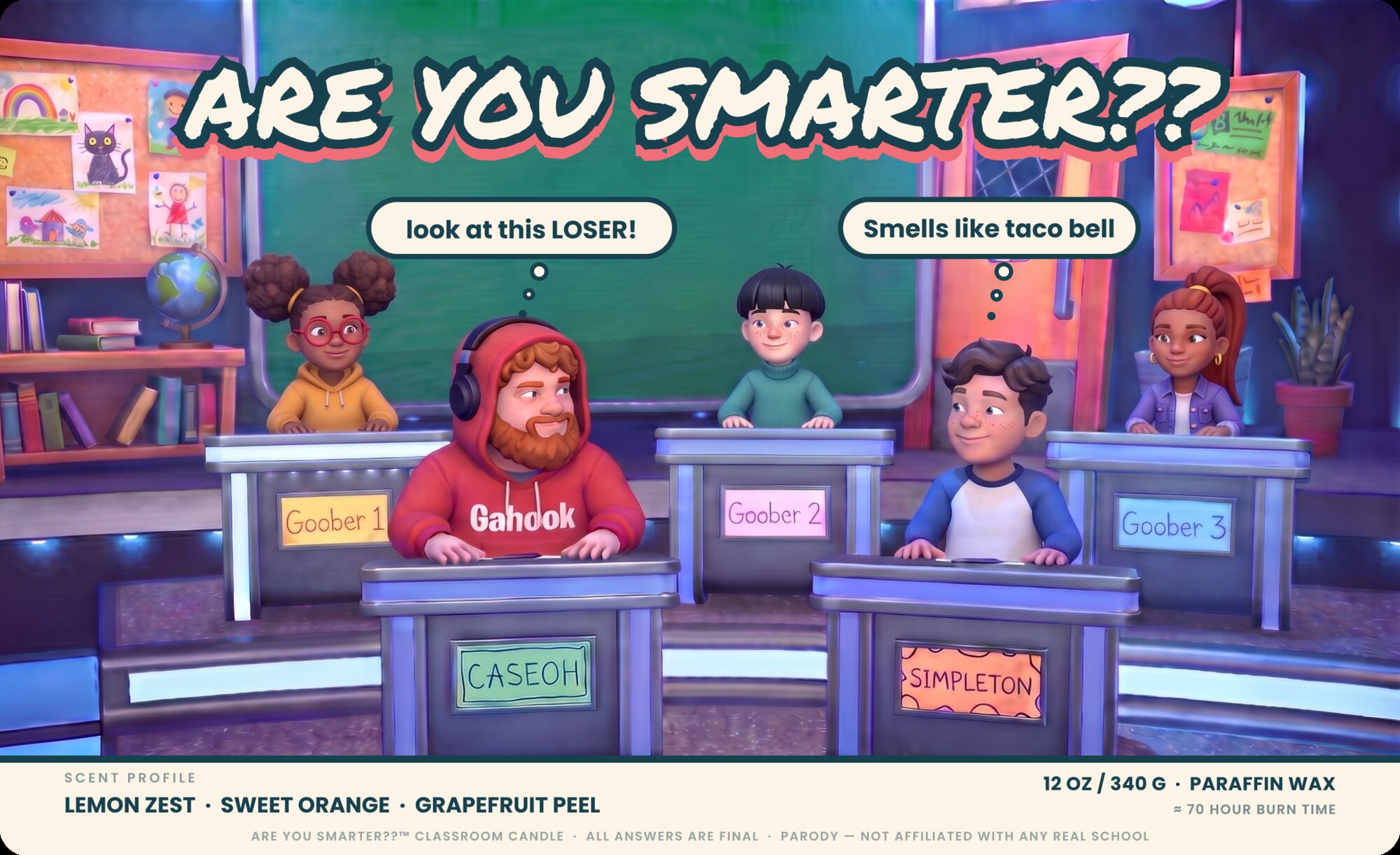 Full Are You Smarter label artwork, a cartoon quiz show classroom with CaseOh at a podium between kid contestants