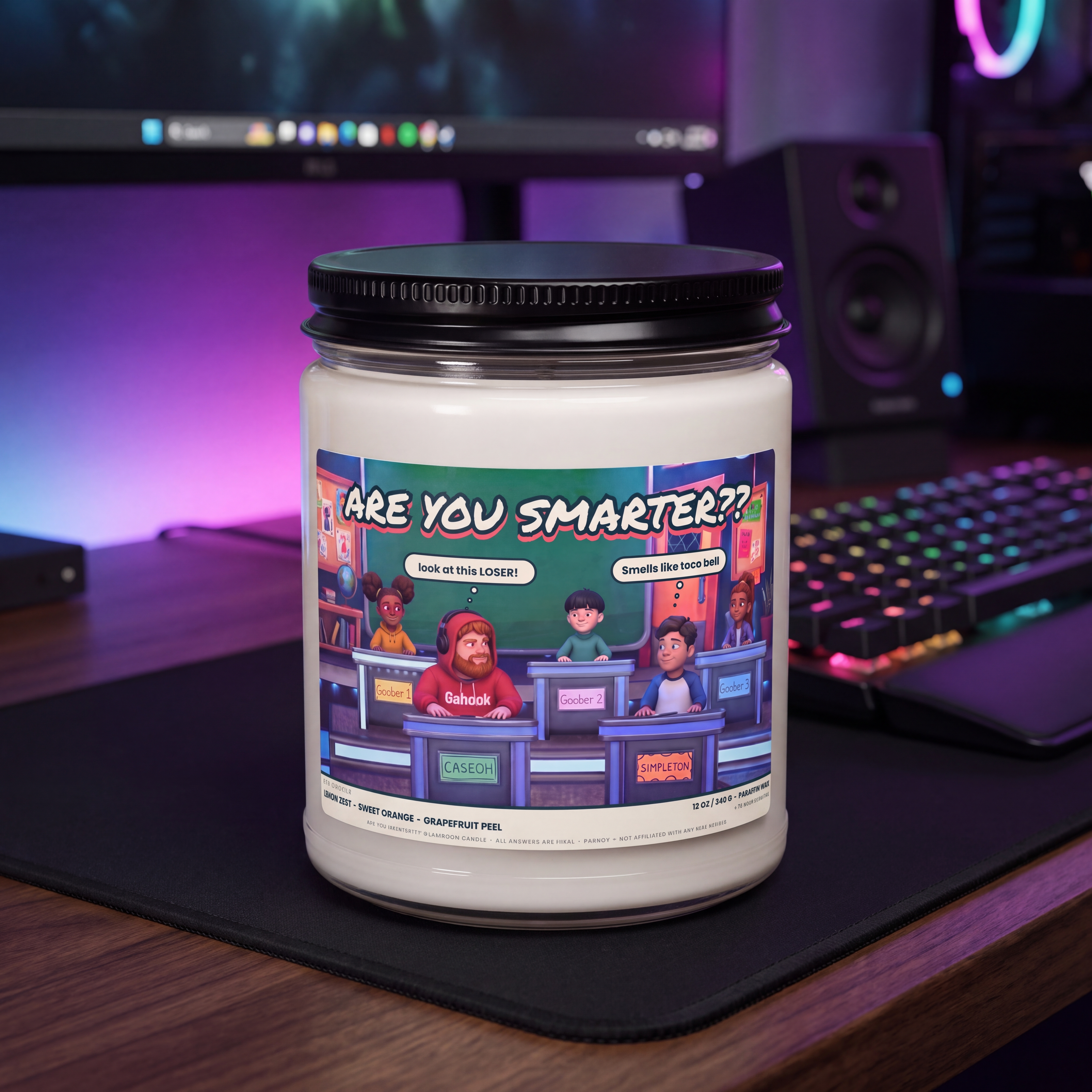 Are You Smarter meme candle, 12 oz white paraffin candle in a glass jar with black lid, classroom quiz show label