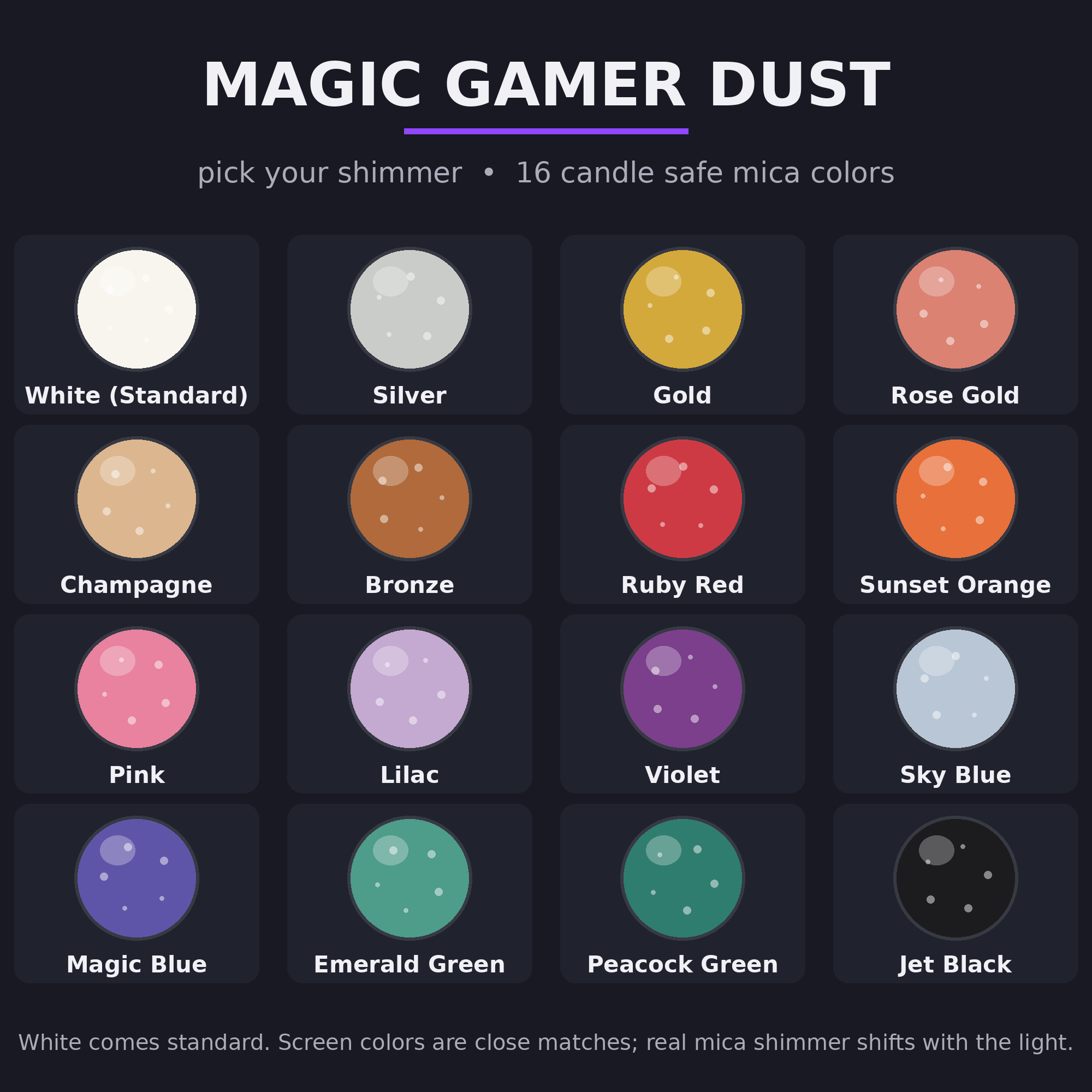 Magic Gamer Dust color chart showing all 16 shimmer dust options