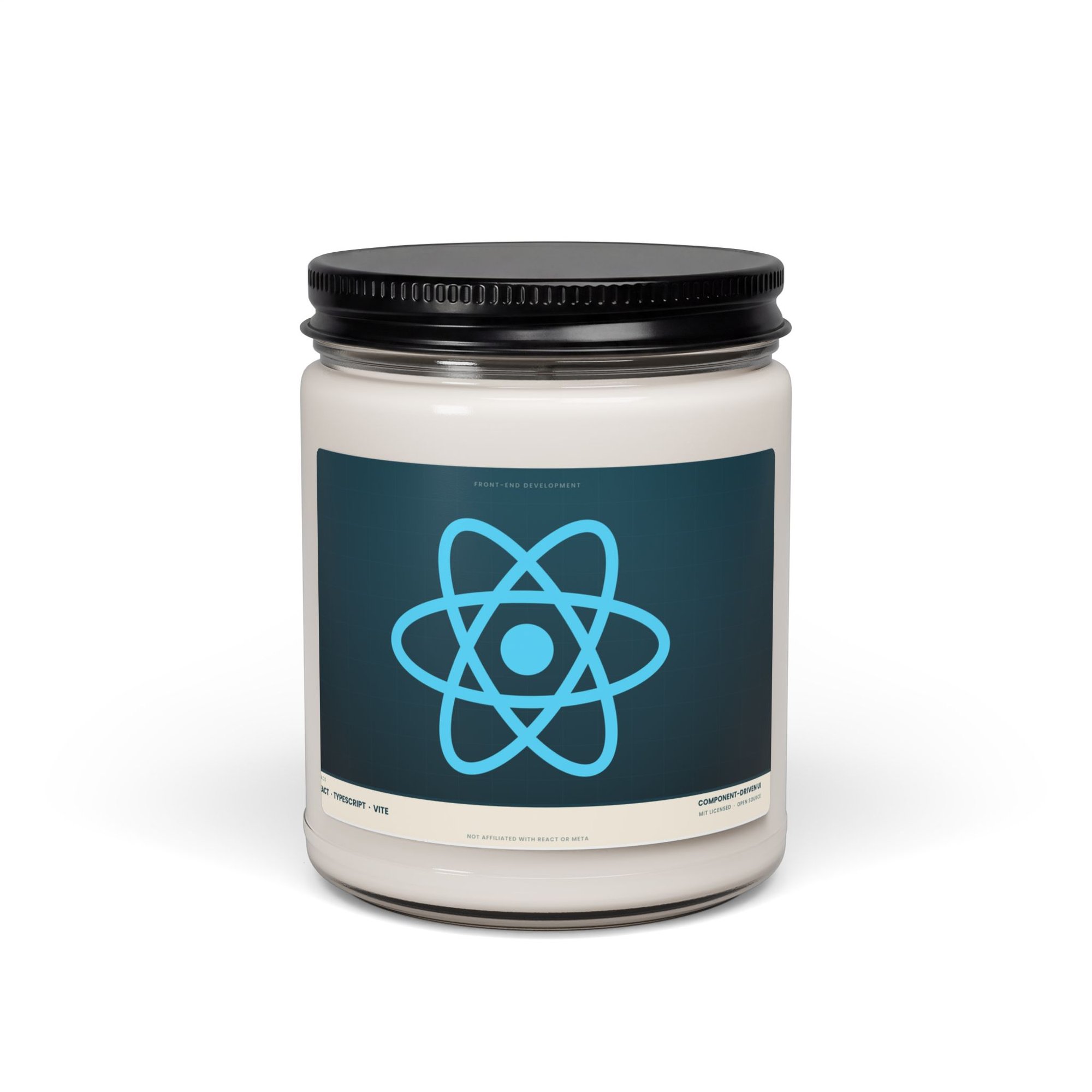React developer candle, 12 oz white paraffin candle in a glass jar with black lid, navy React logo label