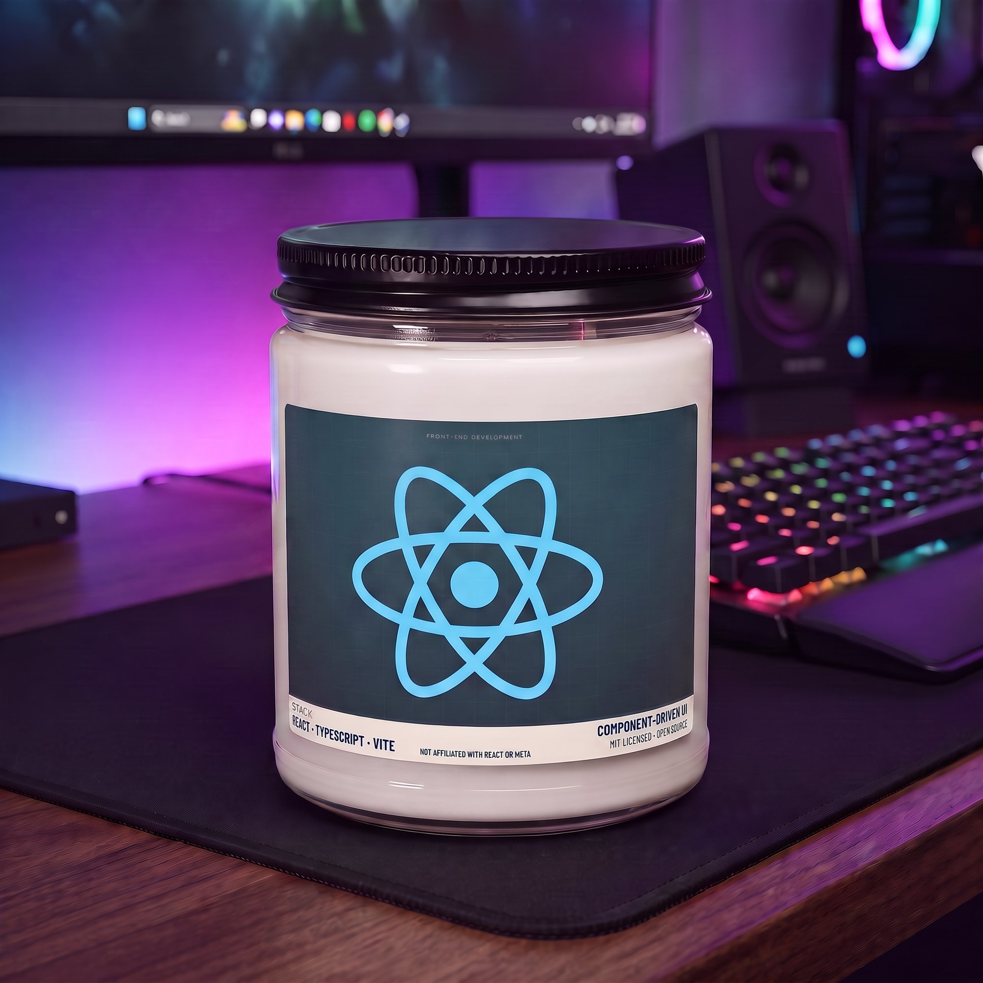React developer candle on a gaming desk, 12 oz white paraffin candle in a glass jar with black lid, cyan React logo label