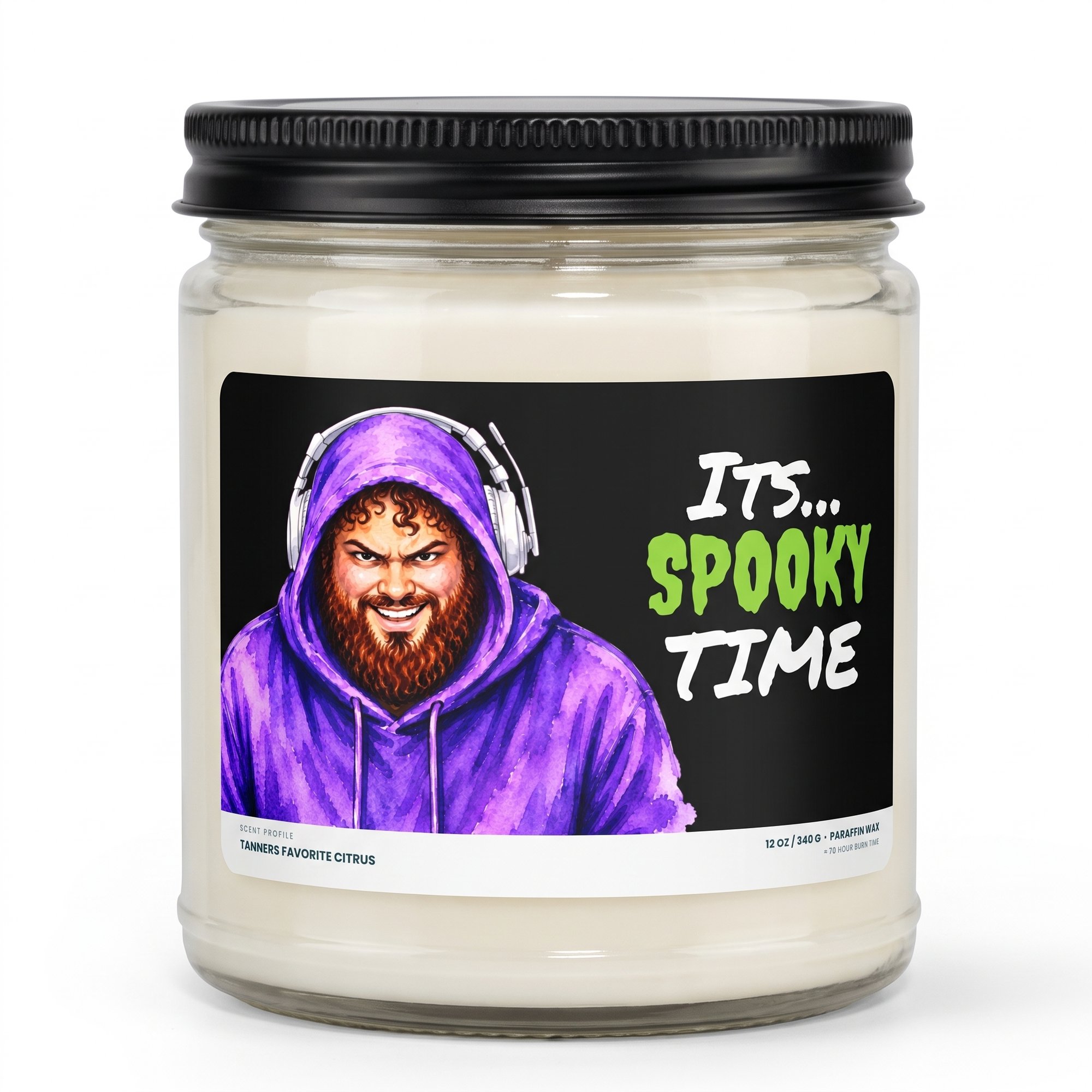 Its Spooky Time candle, 12 oz paraffin candle in a glass jar with a black lid