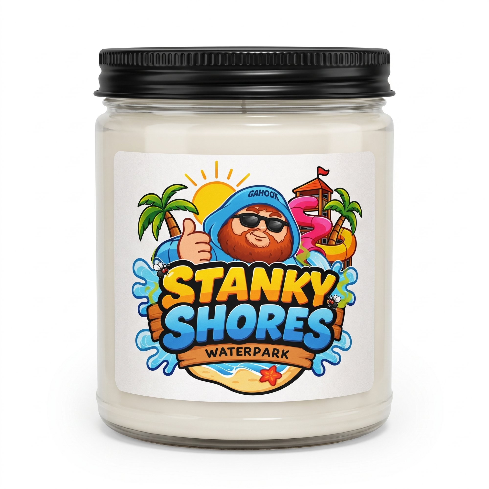 Stanky Shores Waterpark candle, 12 oz paraffin candle in a glass jar with a black lid