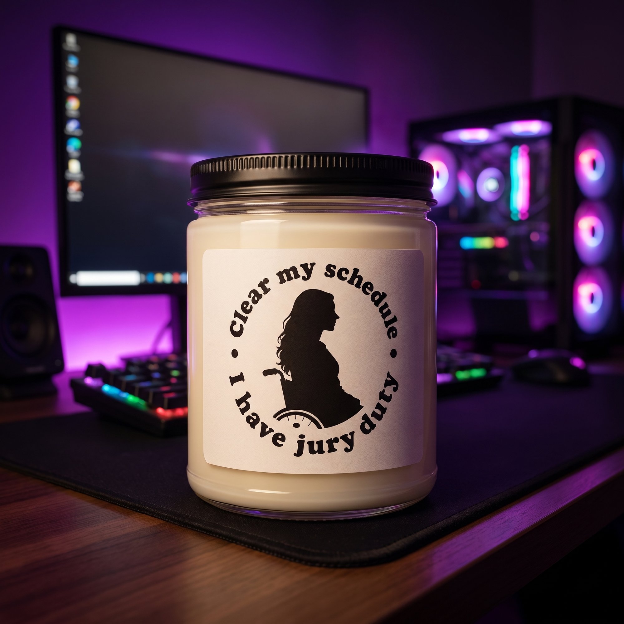 Lindsay Clancy candle on a gaming desk, 12 oz paraffin candle in a glass jar